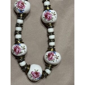 Vintage Bohemian Necklace‎ Brass plates and Hand Paint Chunky Ceramic Floral